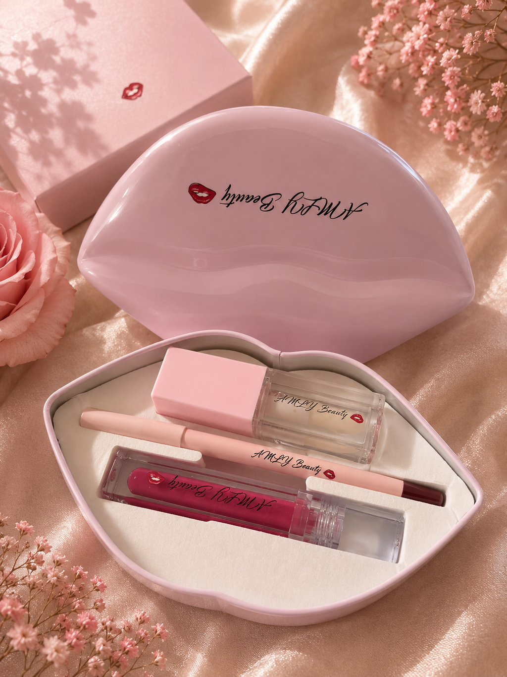 Get the perfect glossy lips with the AMLY Lip Kit. This must-have duo is designed to keep your lips looking soft, smooth, and hydrated while giving you a beautiful shine. We have brown , red , pink and light pink .